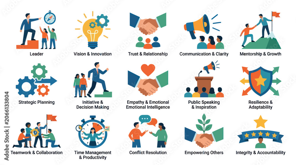 Fototapeta premium Flat Design Business and Leadership Icons: Corporate Skills, Management Traits, Personal Development Vector Set