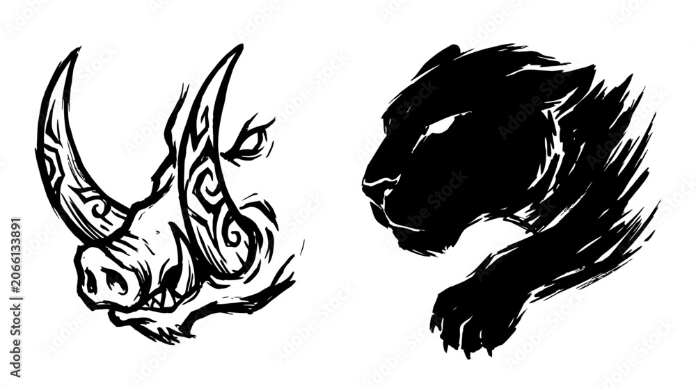 Obraz premium Tribal Boar vs Black Panther Tattoo Design
