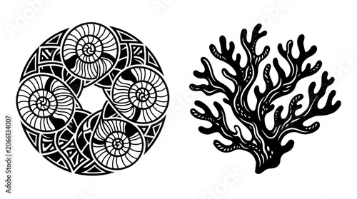 Tableau sur toile Circular ammonite fossil pattern and coral branch silhouette