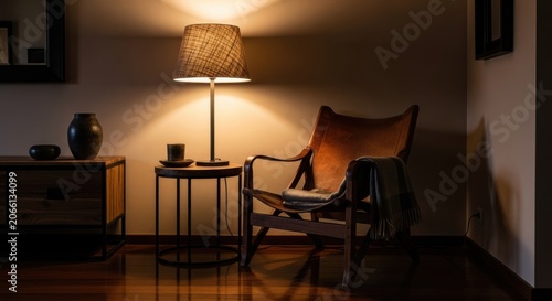 Cozy reading nook with warm lamp light and vintage chair