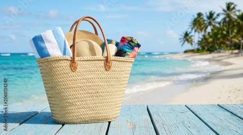 Beach Vacation Scene with Sun Umbrella and Towel on Sandy Shore.