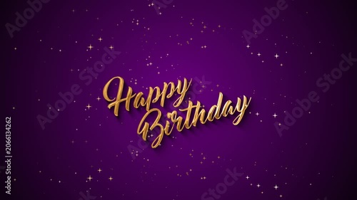 Happy Birthday golden cursive text on purple starry background