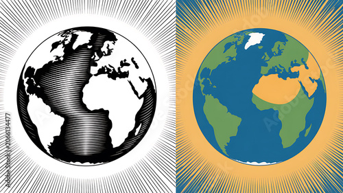 Earth Contrasts: A split image showcases the Earth, one half rendered in a stark black and white illustration with radiating lines, the other in vibrant color.