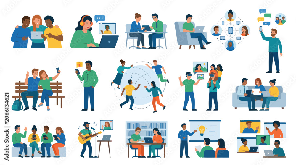 Fototapeta premium Diverse people using technology for online connection and learning - Flat vector