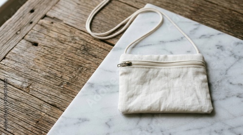 Marble Clutch Bag on Wooden Surface with Marble Background.