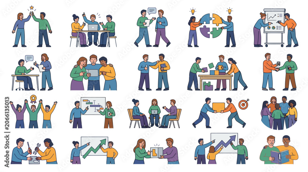 Fototapeta premium Business Teamwork Flat Vector Illustrations Set. Diverse People Collaborating, Communicating, and Achieving Success