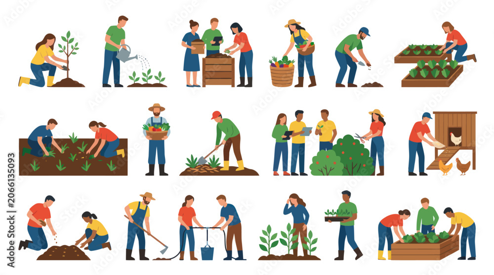 Fototapeta premium Flat Design Agriculture Gardening Activities Vector Set. Farmers and Gardeners Working in Nature