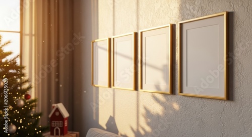 Warm sunlight illuminates framed art on a wall next to a christmas tree