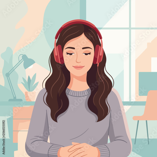 A peaceful young woman with long brown hair wears vibrant red headphones, finding serene relaxation and tranquility while listening to music or meditating.