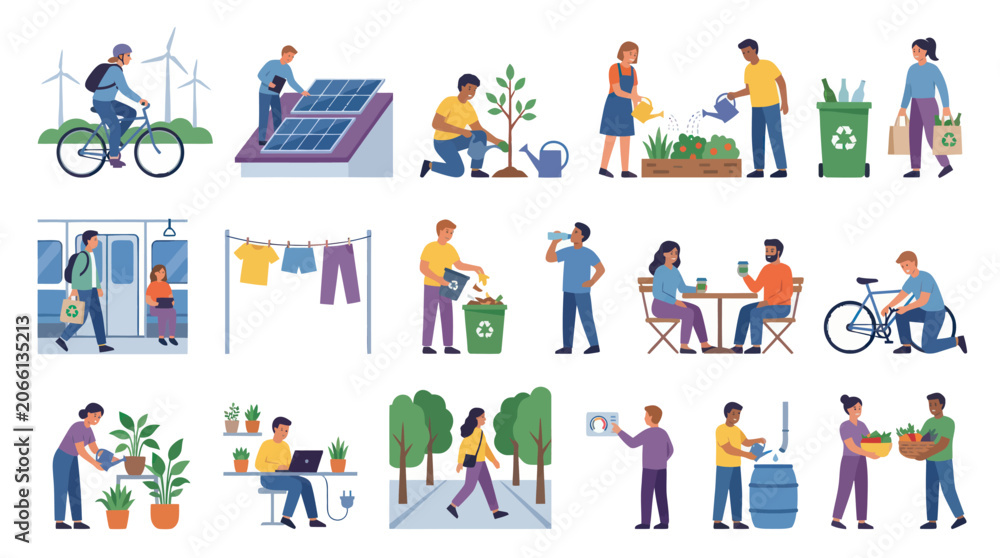 Fototapeta premium Green Living Sustainable Lifestyle Flat Vector Illustrations: Eco-Friendly Activities Environmental Protection