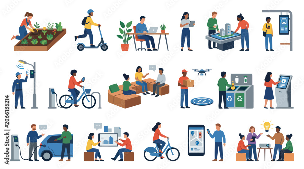 Fototapeta premium Smart City Solutions and Urban Technology Concepts - Flat Vector Illustration Set for Modern Lifestyles and Sustainability