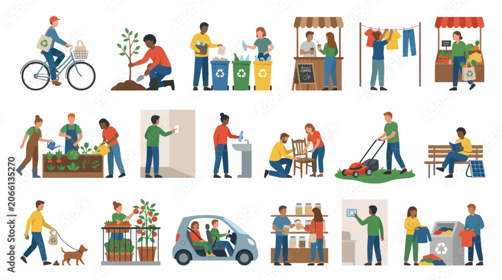 Fototapeta premium Sustainable Living Flat Illustration Set: Eco-Friendly People Activities, Community Service Healthy Lifestyle Vector