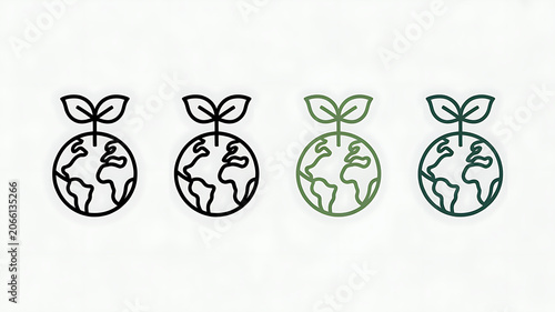 Growth Icons: A set of four stylized icons depicting the Earth with a seedling sprouting from the top, symbolizing growth, new beginnings, and environmental consciousness.