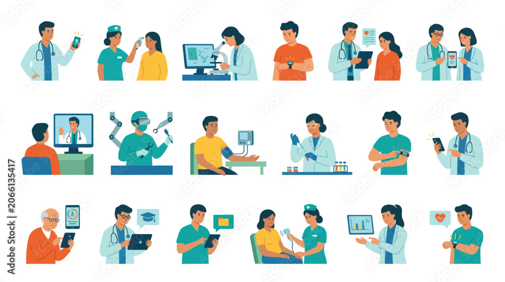 Fototapeta premium Digital Medical Healthcare Technology Flat Illustrations with Doctors, Patients, and Smart Devices