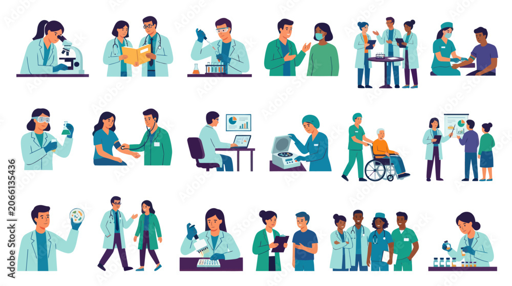 Fototapeta premium Medical Healthcare and Science Professionals Flat Vector Illustration Set - Doctors, Nurses, Scientists