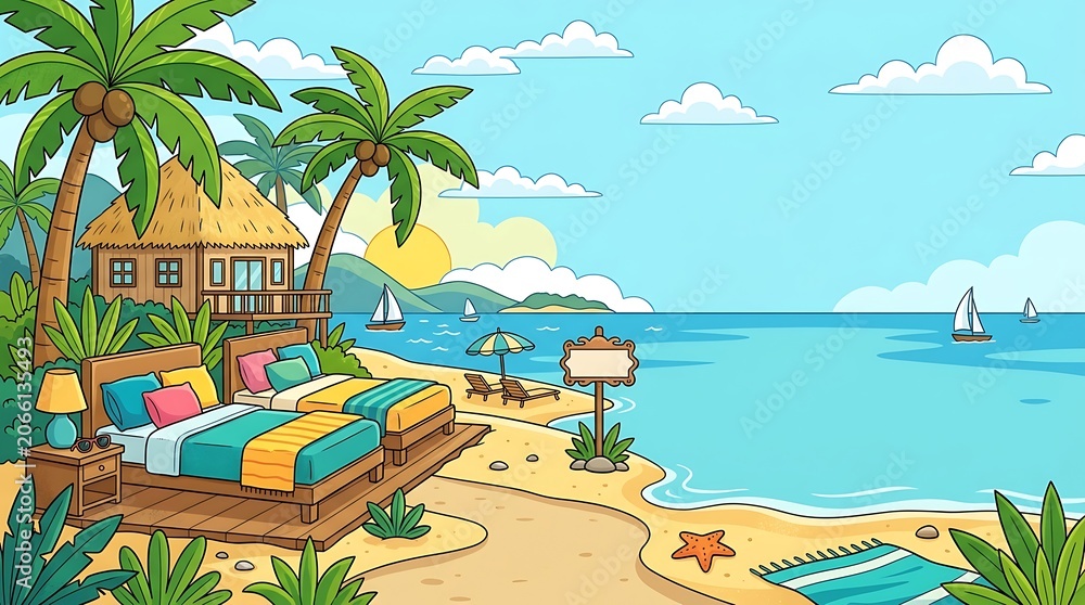 Obraz premium Tropical beach resort with beds on the sand and ocean view