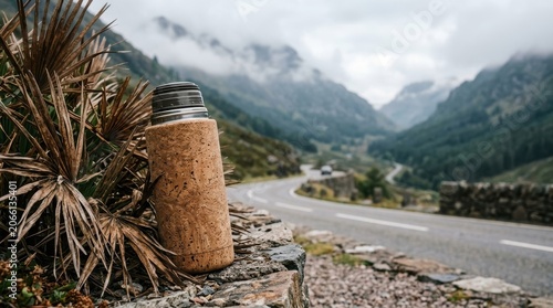 Scenic Mountain Roadside View with Coffee Mug in Nature.