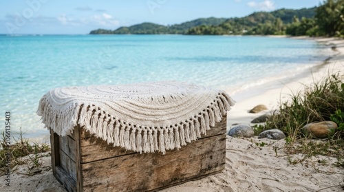 Serene Beach Scene with Wooden Bench and Turquoise Water.