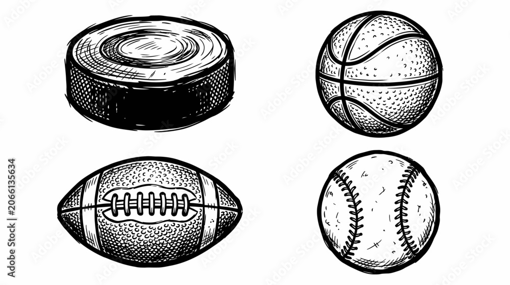 Obraz premium Hand-Drawn Sports Balls Collage: Puck, Basketball, Football, Baseball