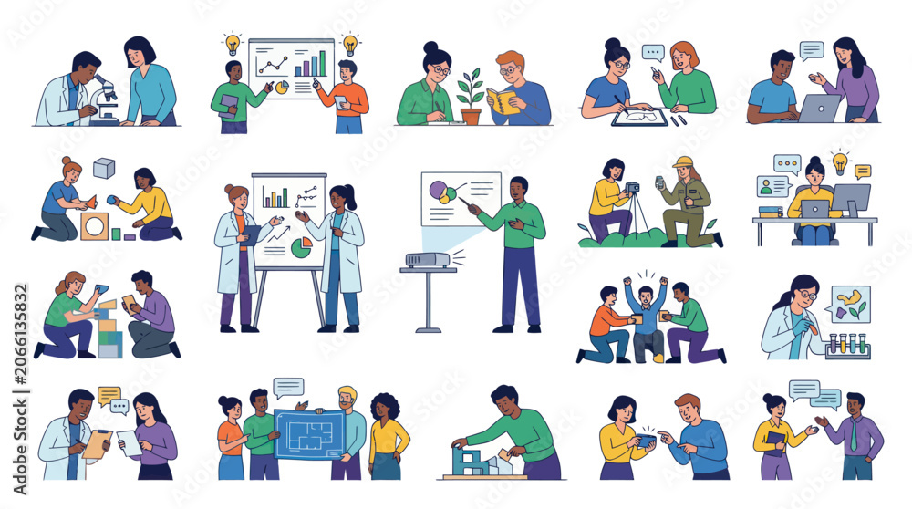 Fototapeta premium Diverse Group of People in Scientific Research and Education, Flat Illustration Style