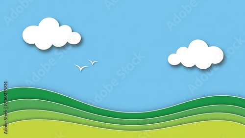 Stylized Landscape: A whimsical, layered paper-cut style landscape featuring rolling green hills under a bright blue sky with fluffy white clouds and two tiny birds in flight.