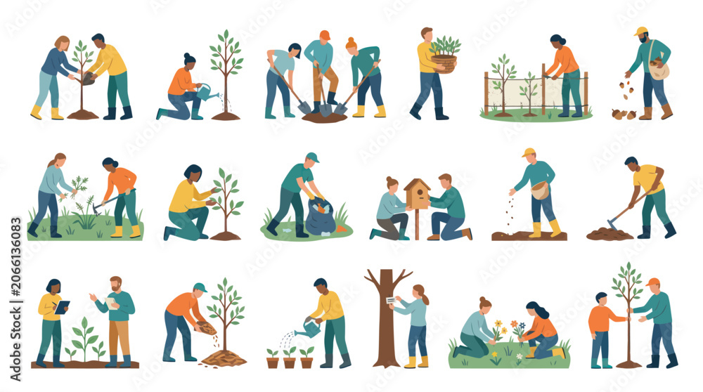 Fototapeta premium Diverse people planting trees and gardening, flat illustration style