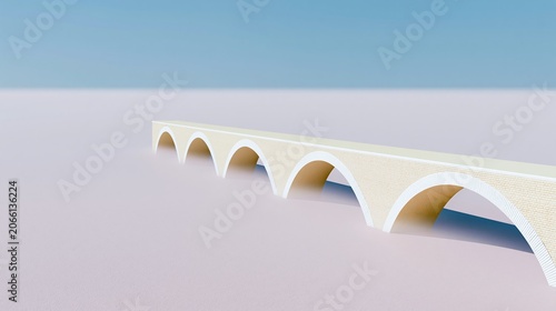 Minimalist stone bridge with arched architecture spanning a misty landscape for serene background and metaphorical concept