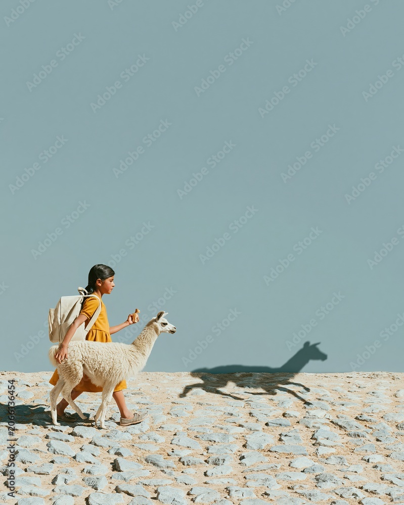 Fototapeta premium Quechua girl walking alongside a white llama on a stone path with a surreal silhouette shadow for heritage and education concepts