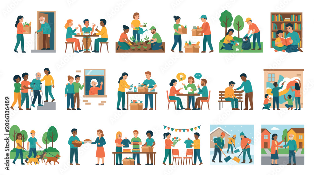 Fototapeta premium Diverse people helping others, community service, volunteering, flat vector art