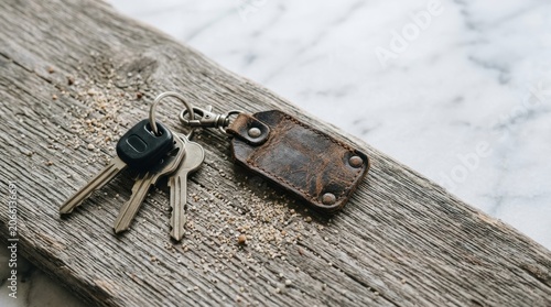 Keys and Lockbox Resting on Wooden Surface in Close-Up.
