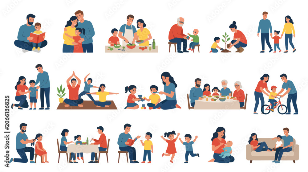Fototapeta premium Flat Vector Illustration Set of Happy Family Life Moments, Parenthood, and Childhood Activities
