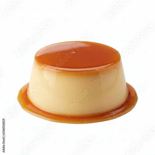 A creamy dessert with caramel sauce is shown close-up on a white background.