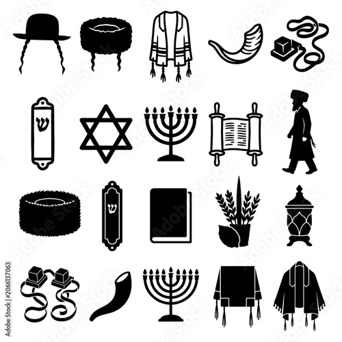 Judaism religious traditions and cultural ritual icons. Flat black outlines and solid silhouettes of professional star of david and hanukkah menorah elements isolated on white background.