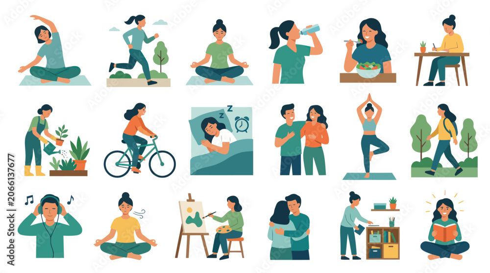 Fototapeta premium Flat Vector Illustration Set of Healthy Lifestyle Habits, Wellness Activities, and Self-Care Routines