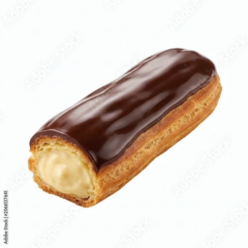 A chocolate glazed eclair pastry filled with cream on a white background