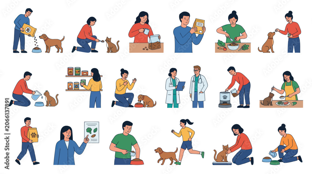Fototapeta premium Flat Illustration of People Feeding and Caring for Pets, Pet Food