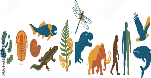 Flat Style Biological Evolution Timeline Vector Set Featuring Ancient Microbes Trilobite Prehistoric Dinosaurs Early Hominids and Modern Creatures for Science Education
