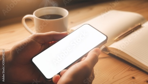 Hands holding smartphone with blank screen beside coffee and notebook