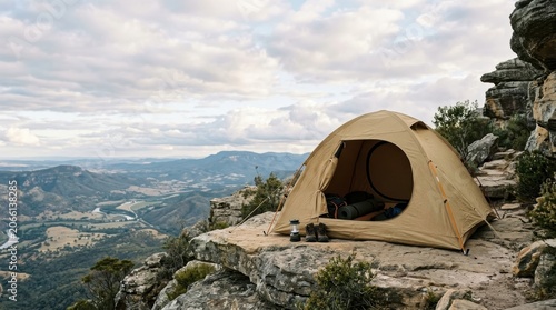 Scenic Mountain Camping Tent Overlooking Valley Landscape Nature Adventure.