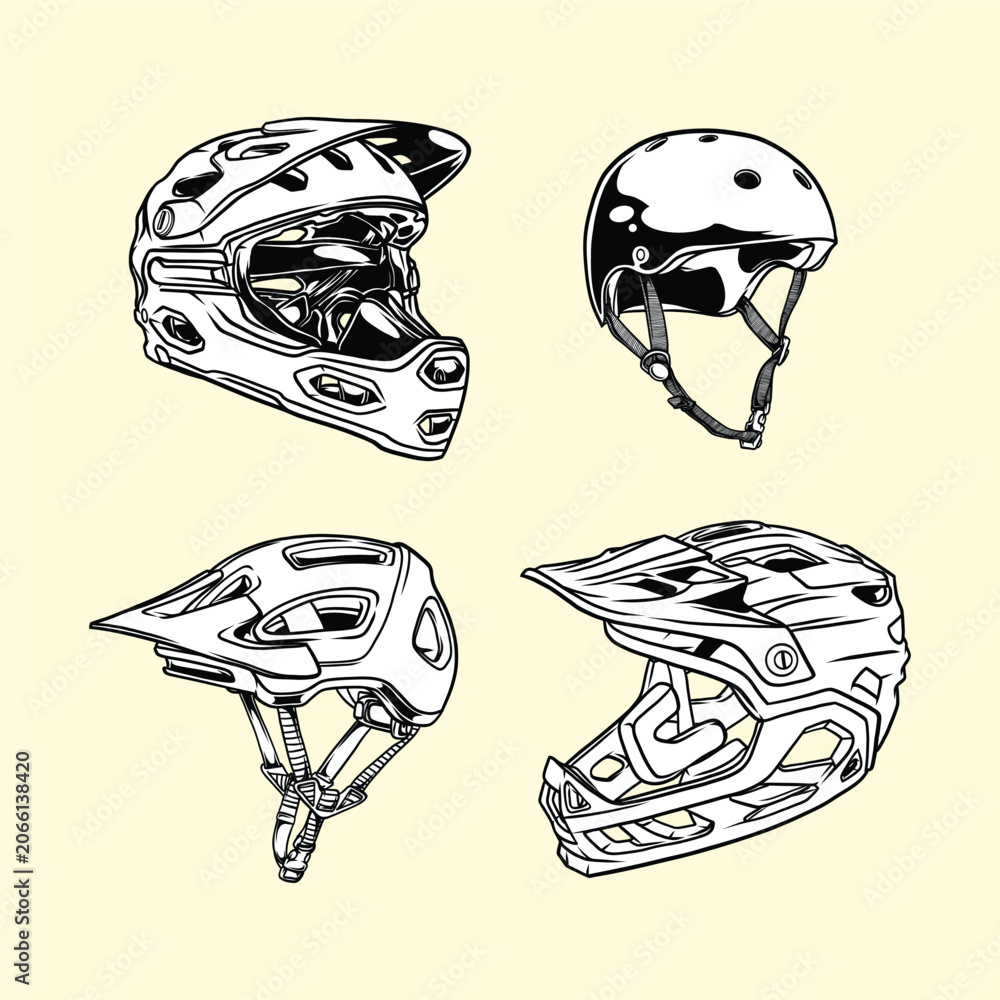 Naklejka premium Monochrome bicycle helmets vector illustration set