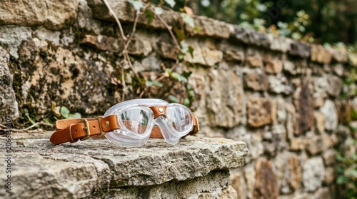 Protective Safety Goggles Resting on Old Stone Wall.