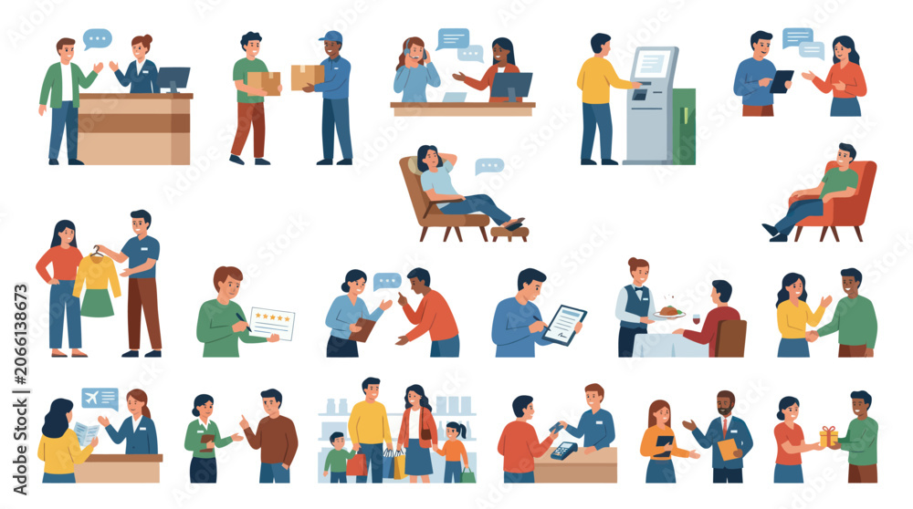 Fototapeta premium Customer Service and Business Interactions: Flat Vector Illustrations of Diverse People and Business Elements