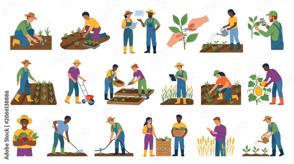 Fototapeta premium Flat Vector Illustration Collection of Farmers and Gardeners Working in Agriculture and Harvesting Crops