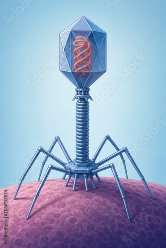 Detailed Vector Illustration of a Bacteriophage Virus Landing on a Cell