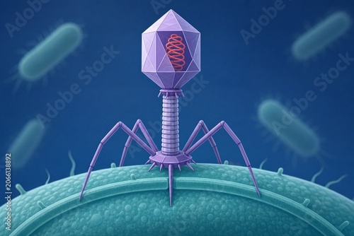 Modern Vector Illustration of a Bacteriophage Attaching to a Bacterial Cell
