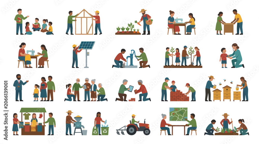 Fototapeta premium Flat Vector Illustration Set of Community Development, Agriculture, Education Sustainable Lifestyle Activities