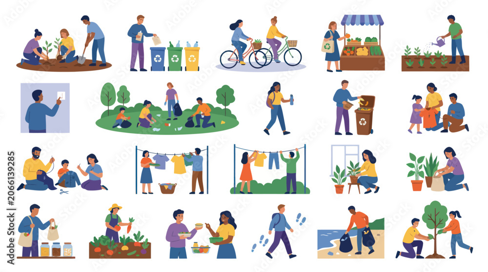 Naklejka premium Flat Vector Illustrations of People Practicing Eco-Friendly Habits and Sustainability