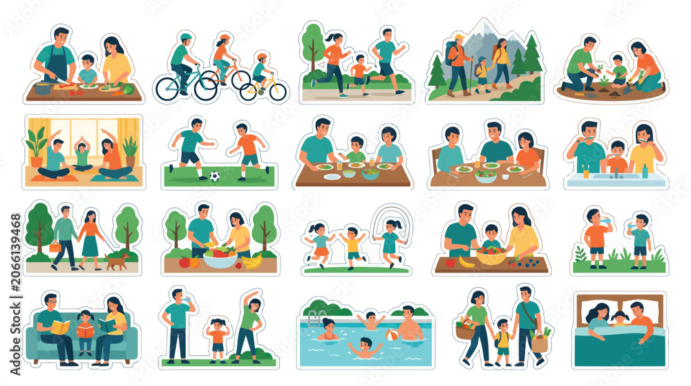 Naklejka premium Happy Family Lifestyle Activities Flat Vector Illustration Set for Health and Wellness