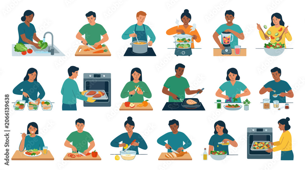 Fototapeta premium Healthy Eating and Cooking Process Flat Vector Illustration Set with People Preparing Food and Meals