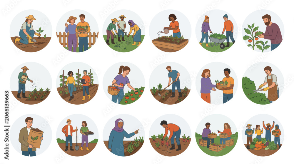 Fototapeta premium Diverse Farmers Cultivating Vegetables in Garden, Flat Illustration Style